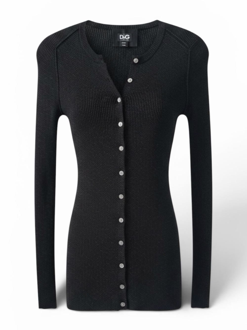D&G Black Shimmer Button Down Long Sleeve Ribbed Silk Blend Cardigan Size XS